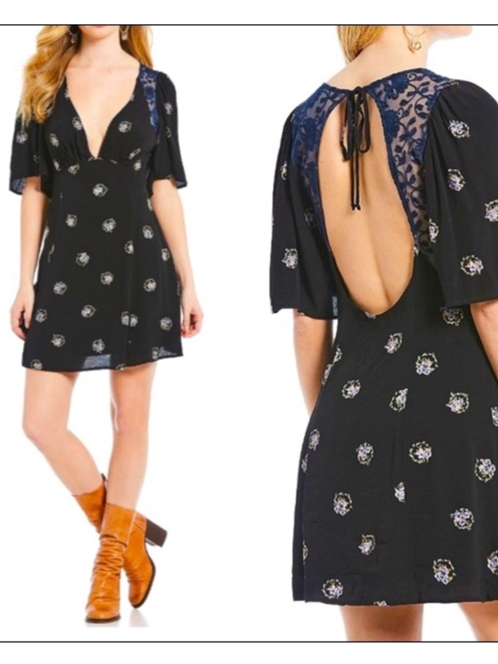 Free People Mockingbird Lace Black Floral Boho Festival Open-Back Mini Dress 2